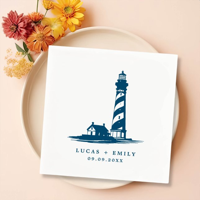 Nautic Seaside Lighthouse Dark Blue Wedding Serviette (Von Creator hochgeladen)