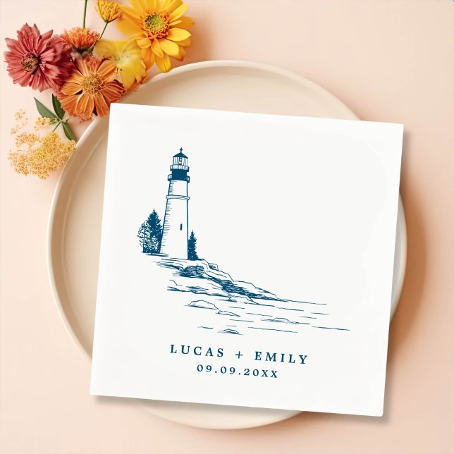 Nautic Seaside Lighthouse Dark Blue Wedding Serviette (Von Creator hochgeladen)