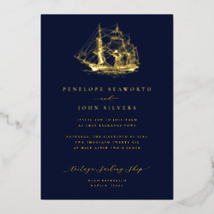 Nautic Ship Illustration Navy Blue Wedding Folieneinladung