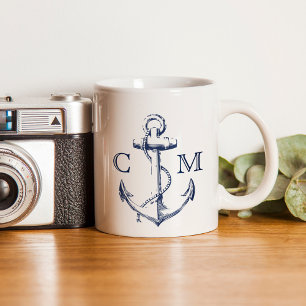 Nautic Sketch Navy Blue Anchor Monogram   Kaffeetasse