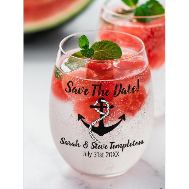 Nautic Sparkle Wedding speichern das Datum Weinglas Ohne Stiel (Save the Date Personalized Nautical Stemless wine glass)