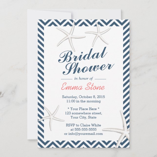 Nautic Starfish Zickzack Stripes Brautparty Einladung (Vorderseite)