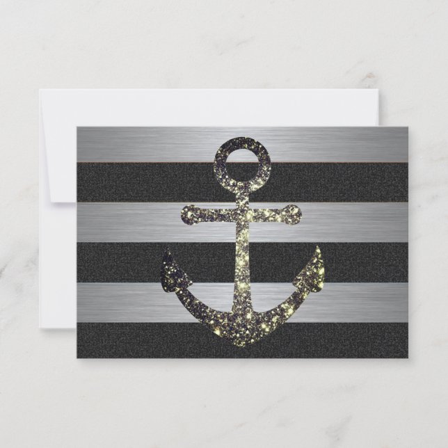 Nautic Striped Wedding RSVP Sparkle Anchor Karte (Vorderseite)