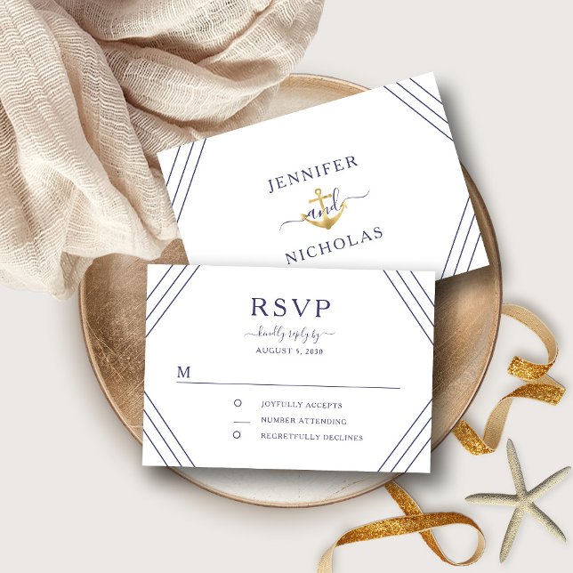 Nautic Stripes Gold Anchor Wedding RSVP (Front/Back Nautical Stripes Gold Anchor Wedding RSVP)