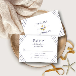 Nautic Stripes Gold Anchor Wedding RSVP Karte