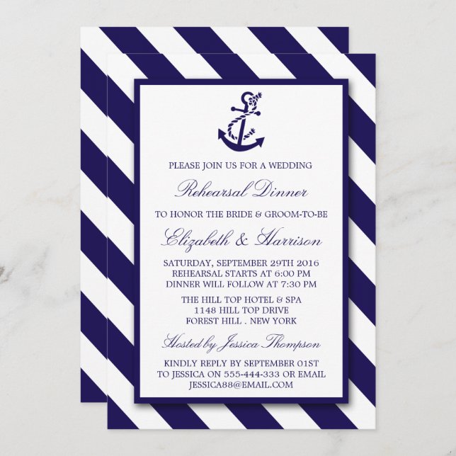 Nautic Stripes Navy Blue Anchor Probe Dinner Einladung (Vorne/Hinten)