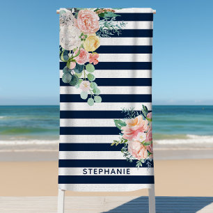 Nautic Stripes Watercolor Floral Navy Name Strandtuch