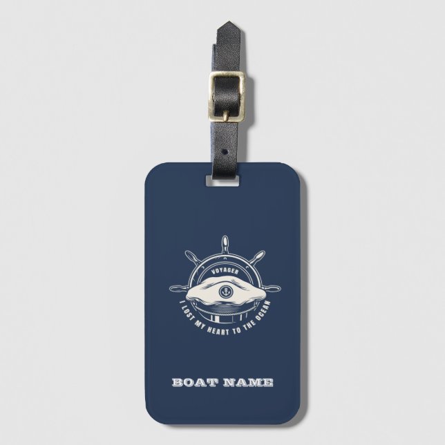 Nautic Theme Boat Name Navy Blue Gepäckanhänger (Vorderseite Vertikal)