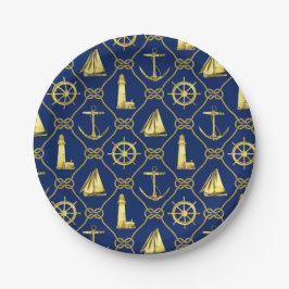 Nautic Theme Navy Blue Gold Anchor Leuchtturm Pappteller