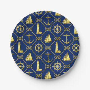 Nautic Theme Navy Blue Gold Anchor Leuchtturm Pappteller