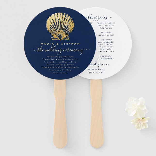 Nautic Theme Wedding Seashell Gold Navy Blue Fächer (Vorne und Hinten)