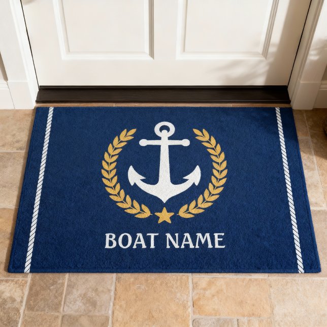 Nautic Themed Bootname Anchor Gold Laurel Navy Fußmatte (Von Creator hochgeladen)