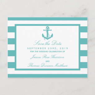 Nautic Turquoise Stripe Anker Save the Date Ankündigungspostkarte