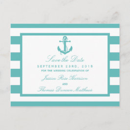 Nautic Turquoise Stripe Anker Save the Date Ankündigungspostkarte