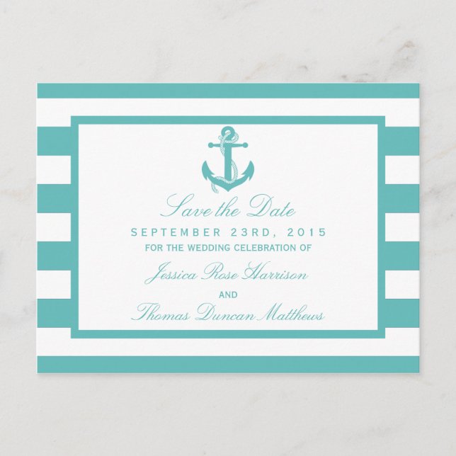 Nautic Turquoise Stripe Anker Save the Date Ankündigungspostkarte (Vorderseite)