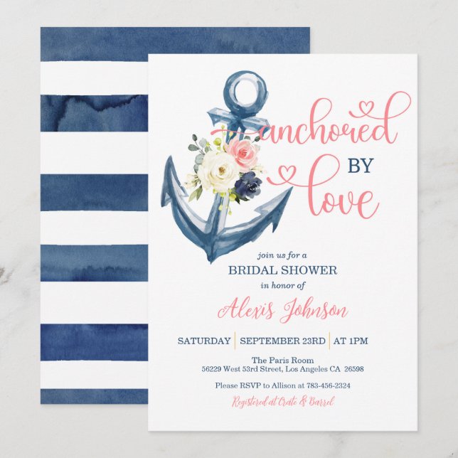 Nautic verankert durch Liebe Brautparty (rosa) Einladung (Vorne/Hinten)
