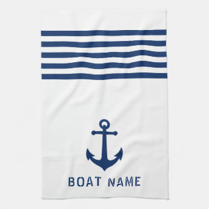 Nautic Vintag Anchor Boat Name Navy Blue White Geschirrtuch