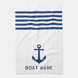 Nautic Vintag Anchor Boat Name Navy Blue White Geschirrtuch