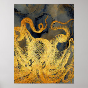 Nautic Vintag Gold Octopus Black Ink Watercolor Poster
