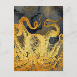 Nautic Vintag Gold Octopus Black Ink Watercolor Postkarte