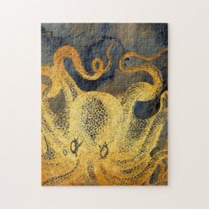 Nautic Vintag Gold Octopus Black Ink Watercolor Puzzle