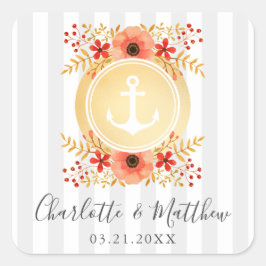 Nautic Watercolor Floral Gold Ankerhochzeit Quadratischer Aufkleber