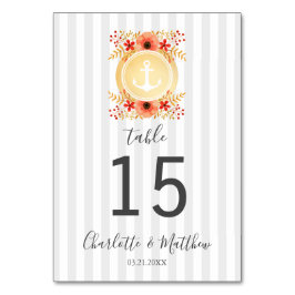 Nautic Watercolor Floral Gold Ankerhochzeit Tischnummer