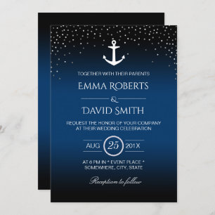 Nautic Wedding Anchor Confetti Dots Navy Blue Einladung