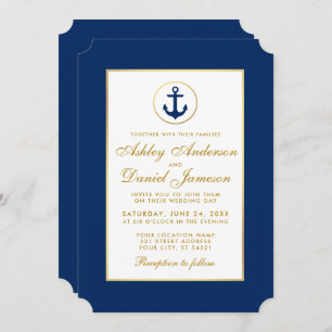 Nautic Wedding Blue Anchor und Gold Einladung