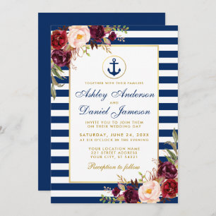 Nautic Wedding Blue Stripes Burgundy Invite B Einladung