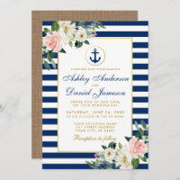 Nautic Wedding Blue Stripes Floral Burlap