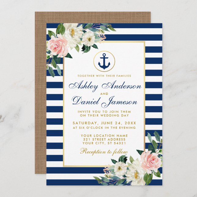 Nautic Wedding Blue Stripes Floral Burlap Einladung (Vorne/Hinten)