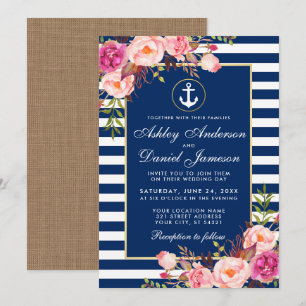 Nautic Wedding Blue Stripes Floral Pink Einladung