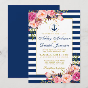 Nautic Wedding Blue Stripes Pink Floral Einladung
