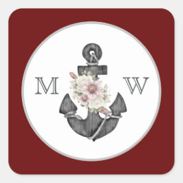 Nautic Wedding Floral Anchor Maroon Red White Quadratischer Aufkleber