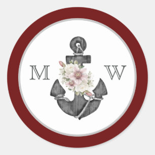 Nautic Wedding Floral Anchor Maroon Red White Runder Aufkleber