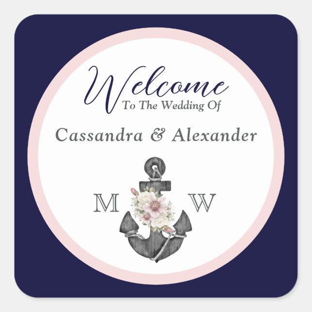 Nautic Wedding Floral Anchor Navy Blau und Rosa Quadratischer Aufkleber (Vorderseite)