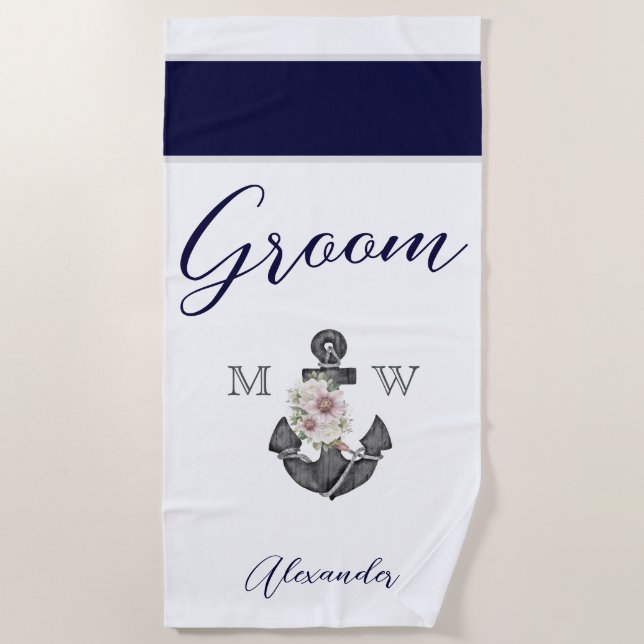 Nautic Wedding Floral Anchor Navy White Groom Strandtuch (Vorderseite)