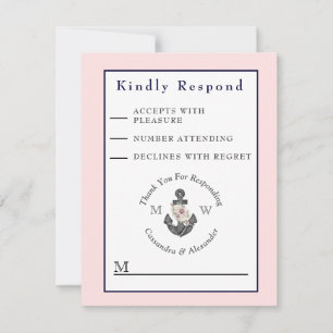 Nautic Wedding Floral Anchor Pink Navy Blau RSVP Karte