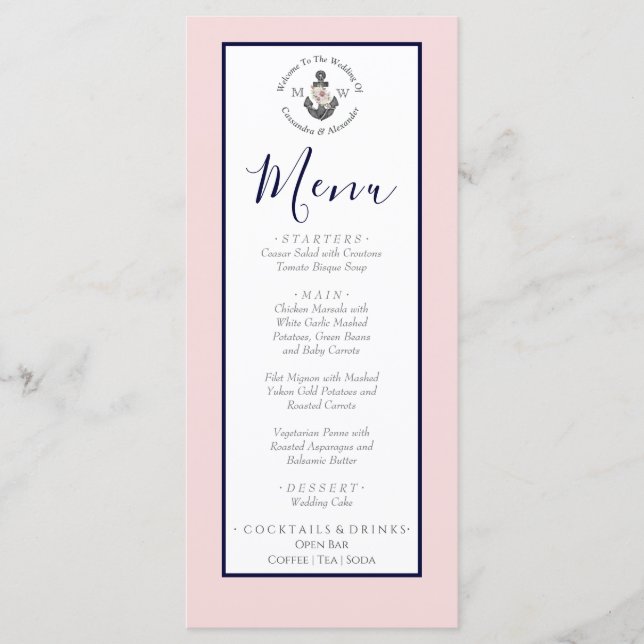 Nautic Wedding Floral Anchor Pink Navy Grau Menükarte (Vorderseite)