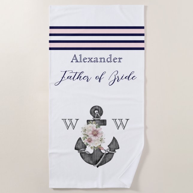 Nautic Wedding Floral Anchor Pink Navy Groom Strandtuch (Vorderseite)