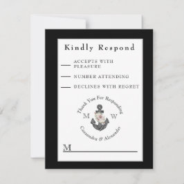Nautic Wedding Floral Anchor Schwarz-Weiß RSVP Karte