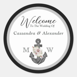 Nautic Wedding Floral Anchor Schwarz-Weiß Runder Aufkleber