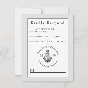 Nautic Wedding Floral Anchor Silver Gray White RSVP Karte