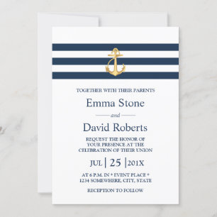 Nautic Wedding Gold Anchor Navy Stripes Einladung
