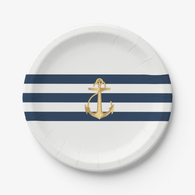 Nautic Wedding Gold Anchor Navy Stripes Pappteller (Vorderseite)