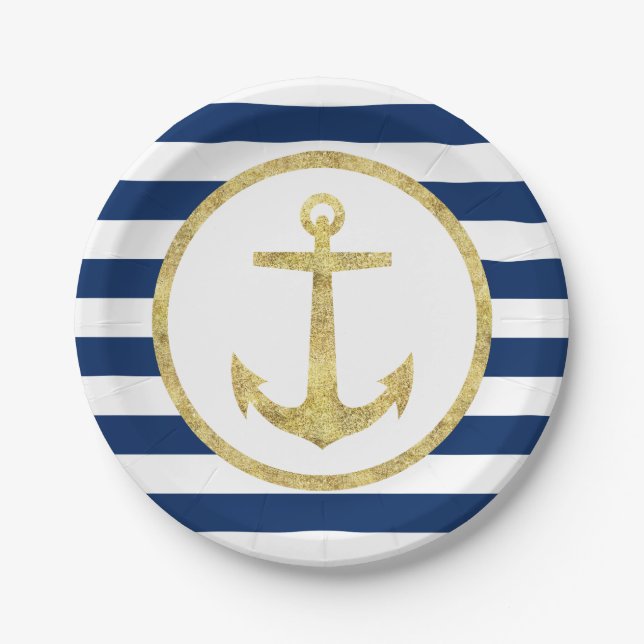 Nautic Wedding Gold Anchor Royal Blue Stripes Pappteller (Vorderseite)
