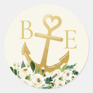Nautic Wedding Gold Heart Anchor Fevor Label Runder Aufkleber