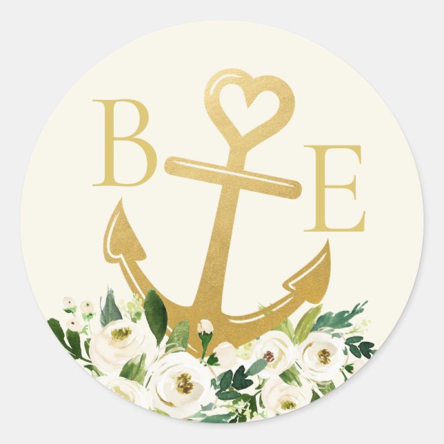 Nautic Wedding Gold Heart Anchor Fevor Label Runder Aufkleber (Vorderseite)