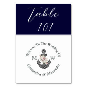 Nautic Wedding Navy Blue Floral Anchor Tischnummer